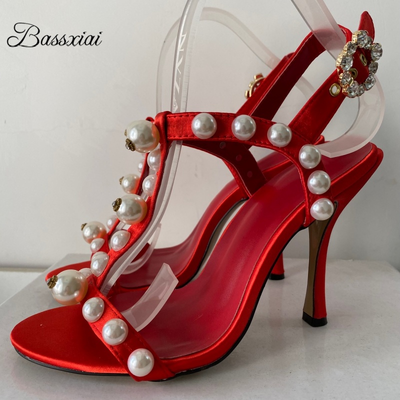 Sandal Strappy Heeled - 진주 장식 T 스트랩 스틸레토 힐