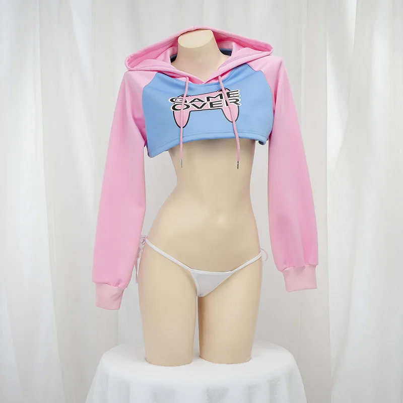 Crop Top Crochet - 귀여운 긴팔 크롭탑 후드티 핑크 블루