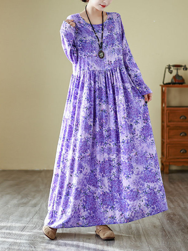 봄 신상 라운드넥 롱 원피스 퍼플 플라워 프린트 휴가  - Linen Dress Wrap 리뷰 및 가격