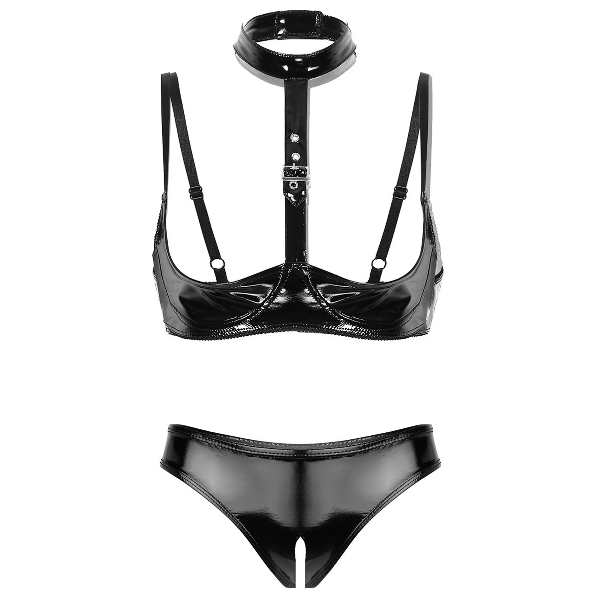 여성용 특허 가죽 란제리 세트, 블랙 버클 홀터, 웨트 - Bralette Triangle Set 리뷰 및 가격