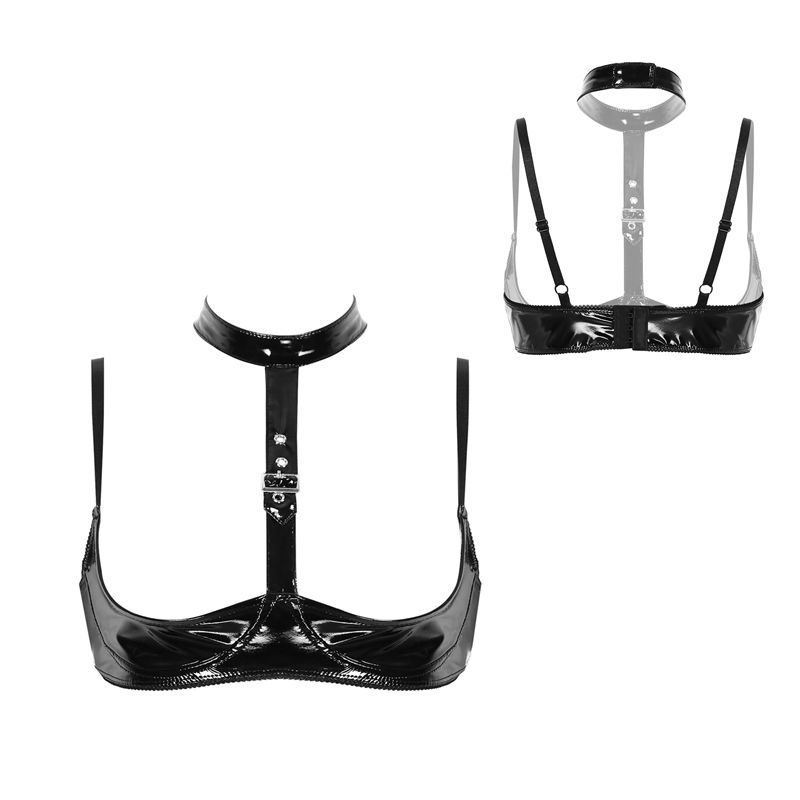 여성용 특허 가죽 란제리 세트, 블랙 버클 홀터, 웨트 - Bralette Triangle Set 리뷰 및 가격