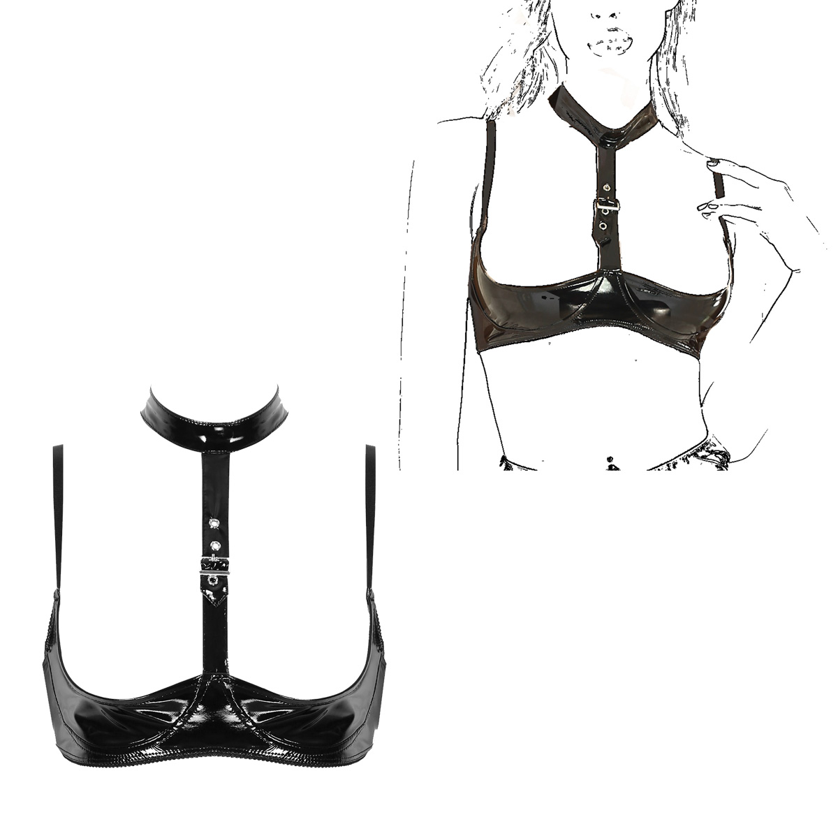 여성용 특허 가죽 란제리 세트, 블랙 버클 홀터, 웨트 - Bralette Triangle Set 리뷰 및 가격
