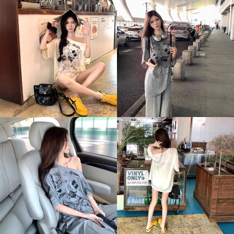 자외선 차단 블라우스 헬로 키티 비스듬한 어깨 카툰 탑 - Blouse Off Shoulder 리뷰 및 가격